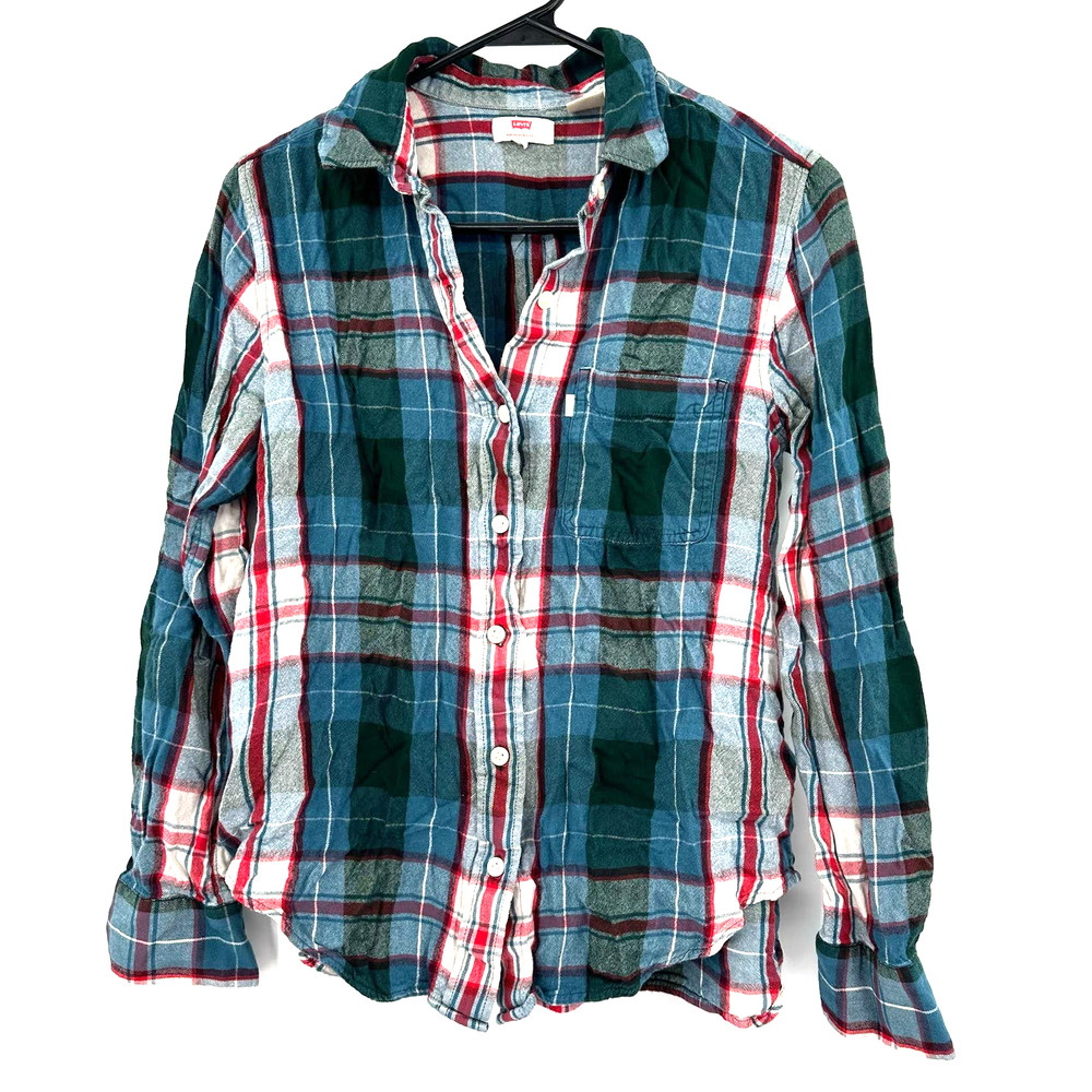 Levi's size Medium long sleeve plaid flannel button up shirt blouse top blue red